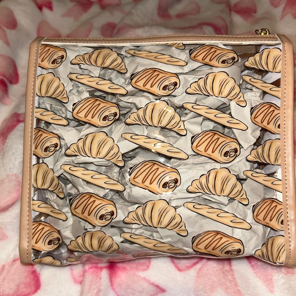 Clear Cosmetic Bag with Pastry Print - Beige Trim
